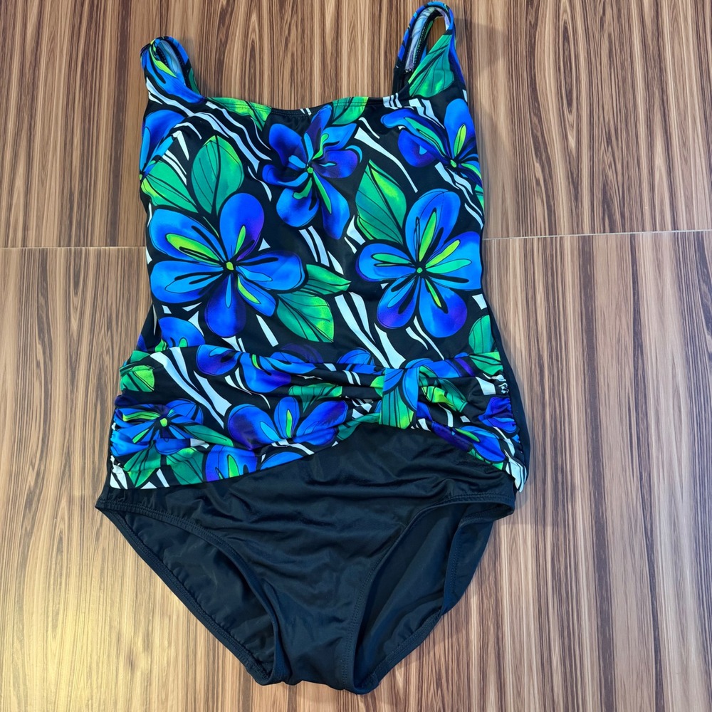 Robby Len Swimsuit Plus 18W Vintage One Piece Floral Tropical Sarong Blue Black